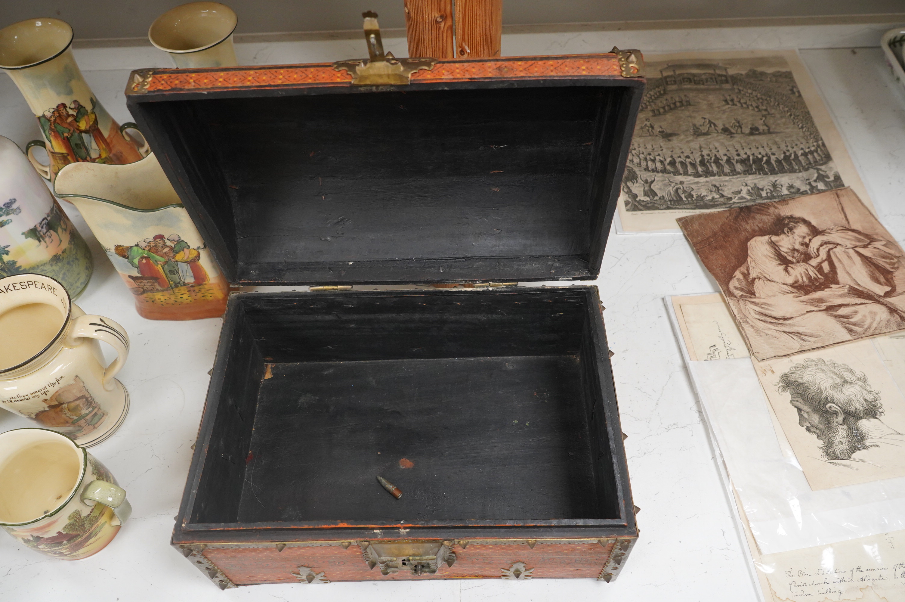 A Tibetan brass mounted painted wood dome casket, 36cm wide